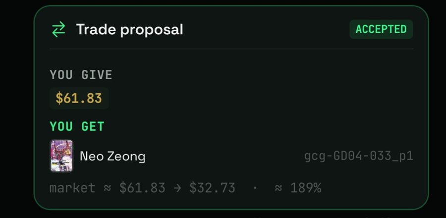 An accepted Bindar trade proposal — cash for a Neo Zeong