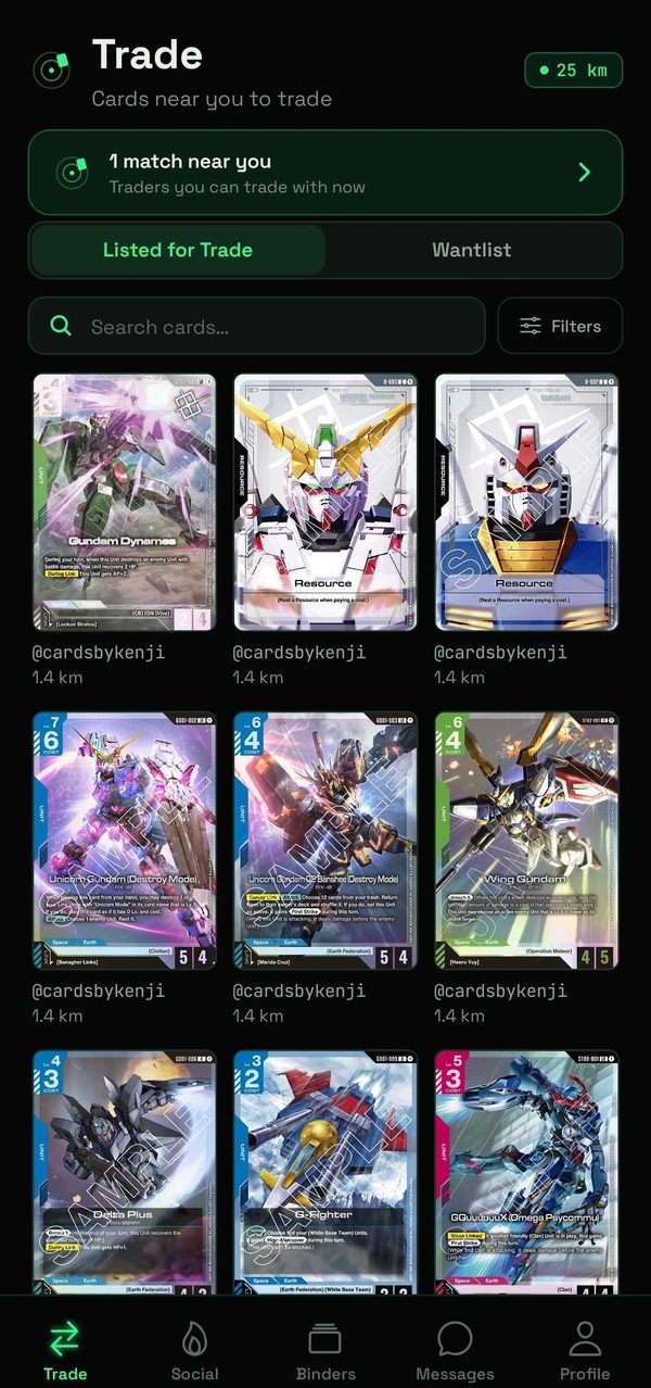 Bindar Trade tab — cards near you